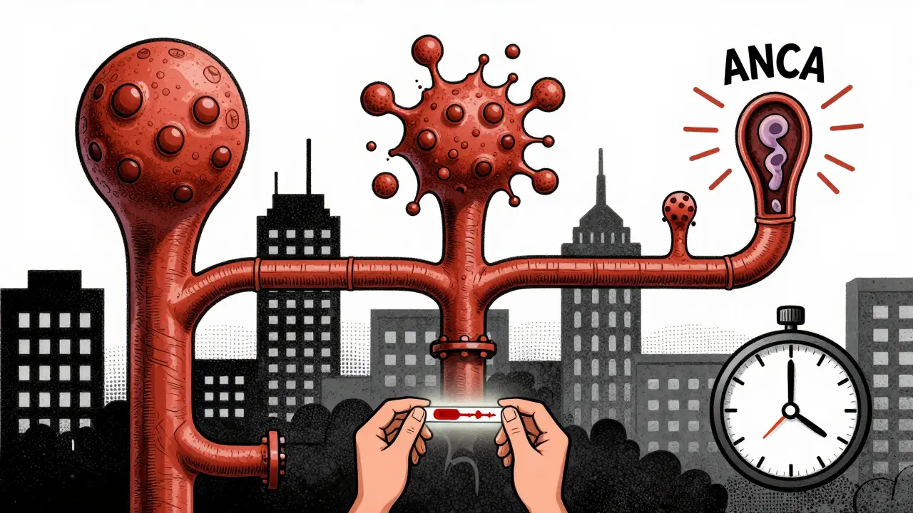Three types of blood vessels as city pipes under siege by different immune invaders, with urine test and ticking clock below.