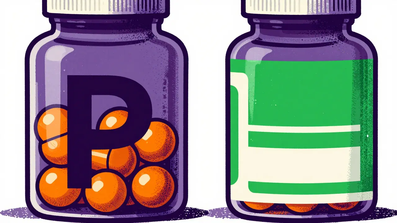 Two similar medicine bottles with different labels side by side