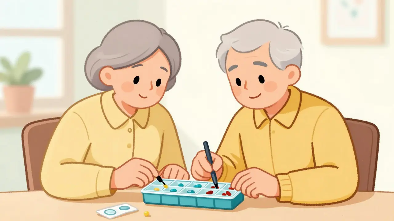 A caregiver helping a senior fill a weekly pill organizer at a table.
