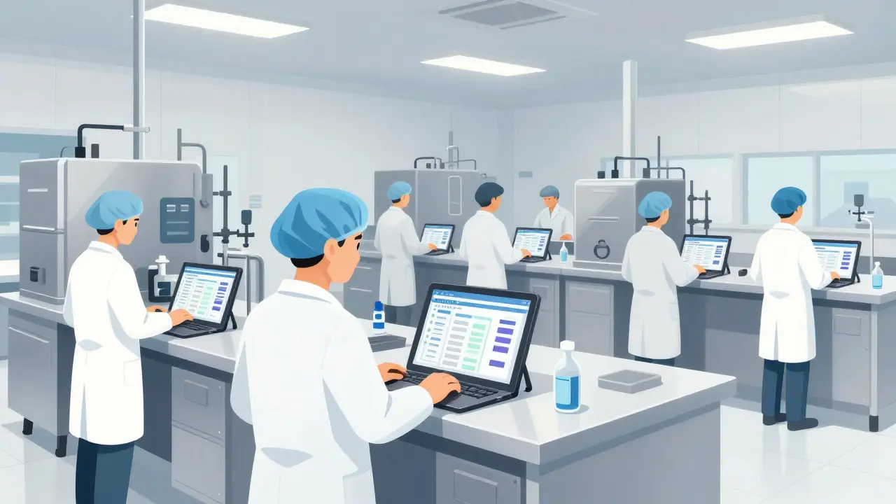 A clean pharmaceutical manufacturing plant with workers following cGMP standards.