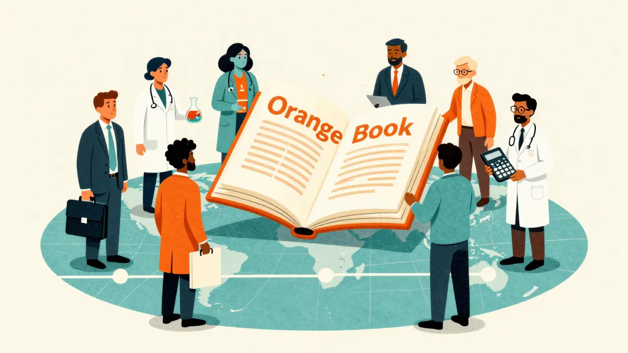 A diverse team of legal, scientific, and economic experts analyzing a large pharmaceutical timeline.