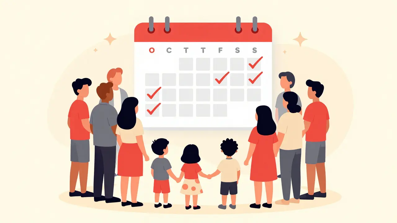 A family care team coordinating medication schedules using a shared digital calendar.