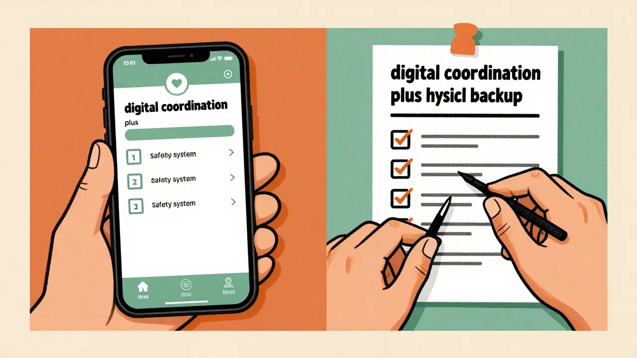 A smartphone alert and a printed medication list side-by-side for safety backup.