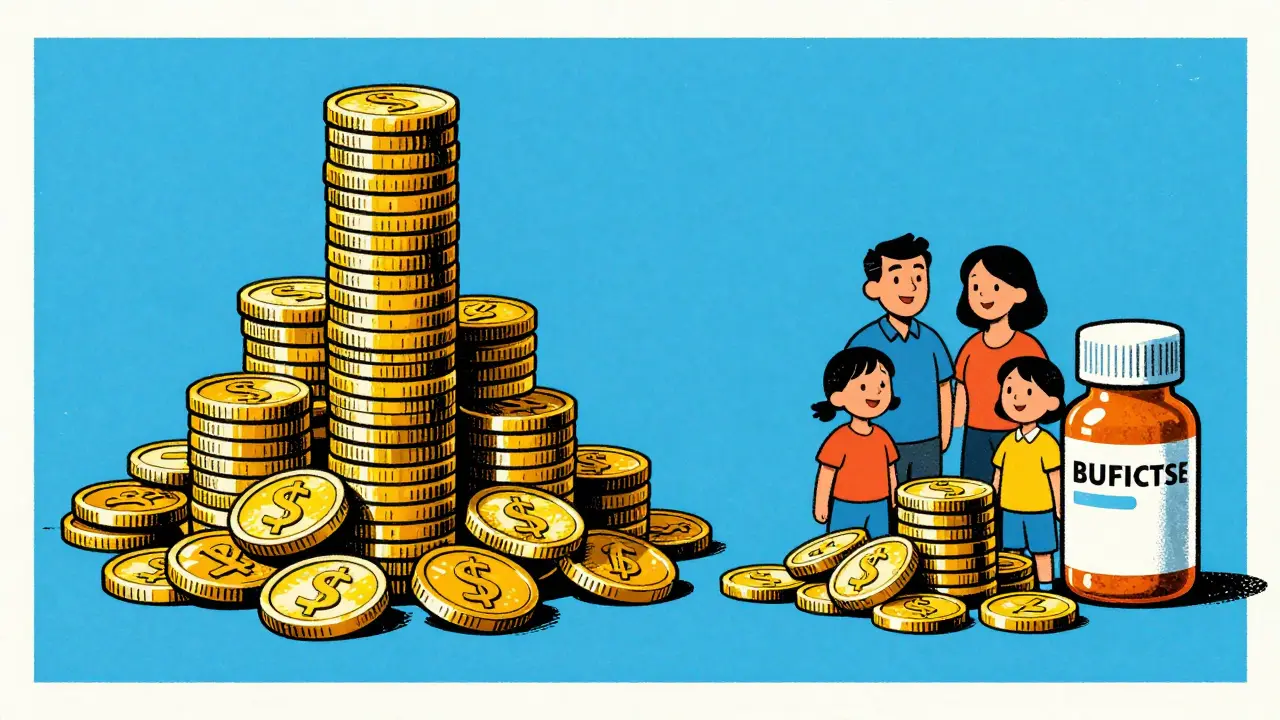 A visual contrast between high drug research costs and affordable generic medication.