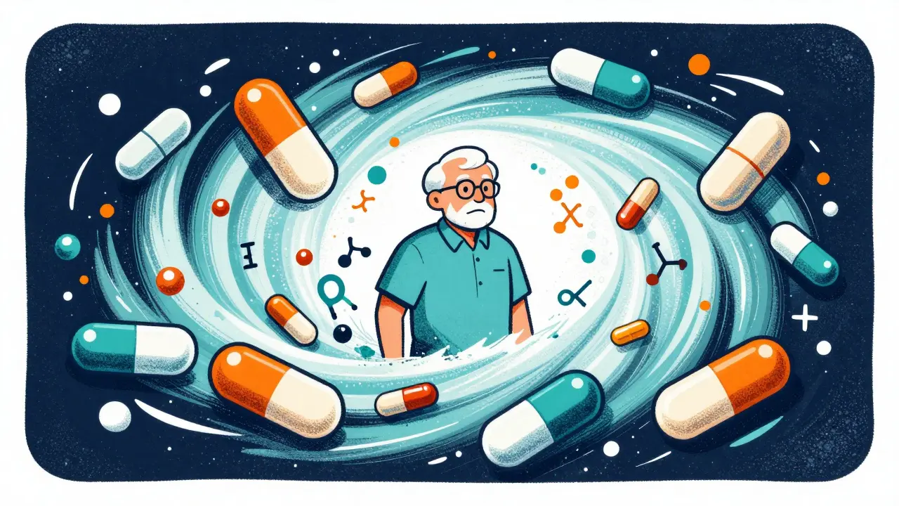 An older adult surrounded by a swirling vortex of many different colored pills.
