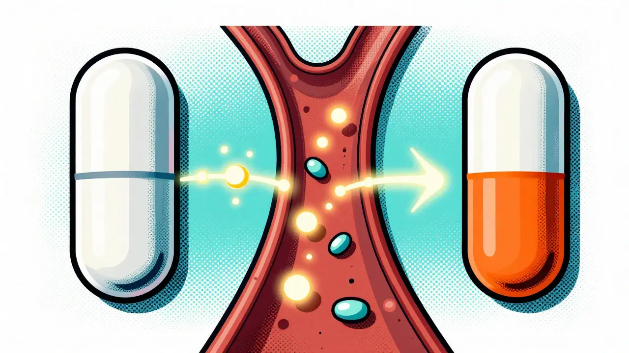 Comparison of a brand drug and generic drug showing identical absorption in the bloodstream.