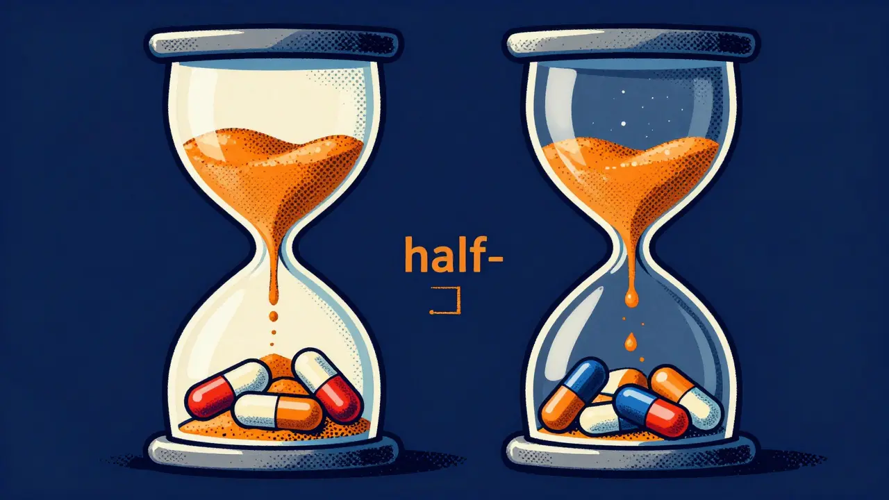 Conceptual screenprint of an hourglass with medicine capsules showing drug half-life