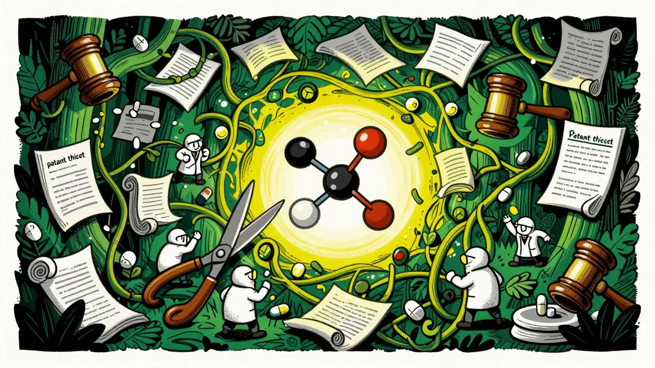 Generic drug characters attempting to cut through a thicket of legal documents and vines.