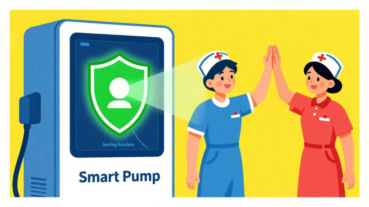 Graphic screenprint art of a medical smart pump with a green safety shield and two nurses.
