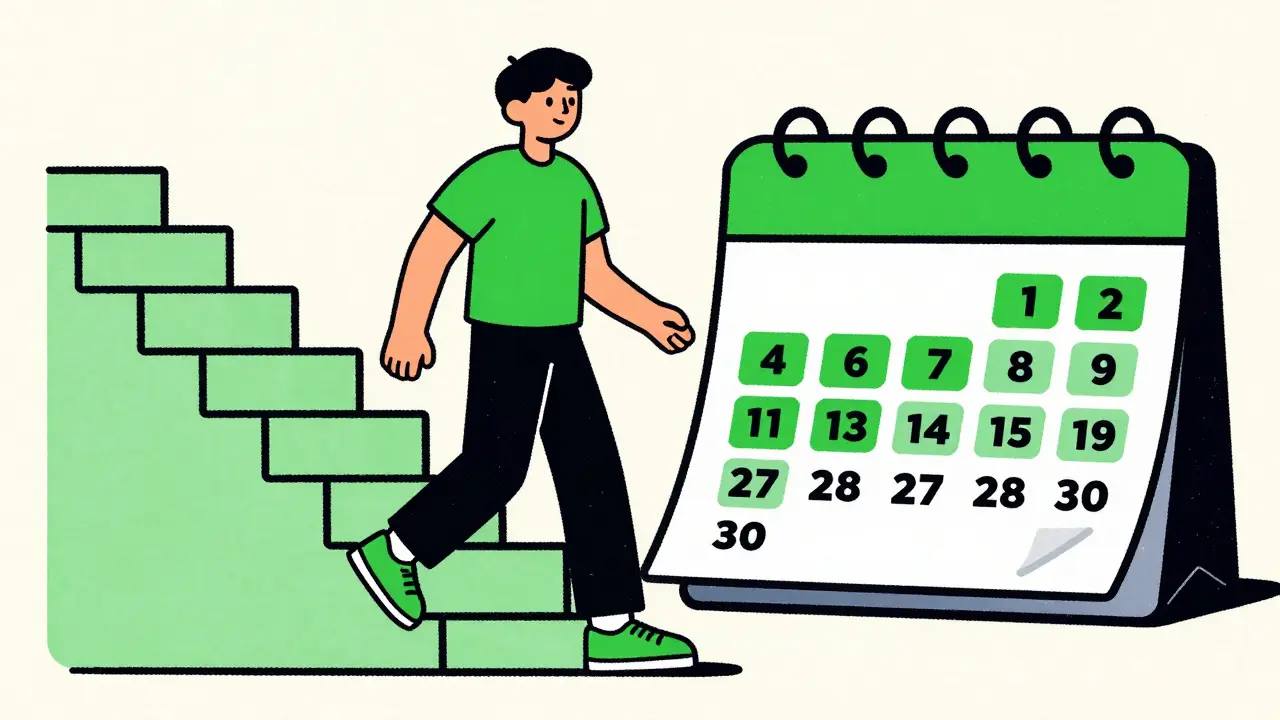 Illustration of a person walking up stairs next to a calendar with an alternating dosing schedule