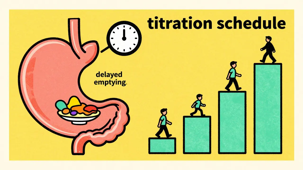 Illustration of a stomach with a clock and a figure climbing steps of dose titration.