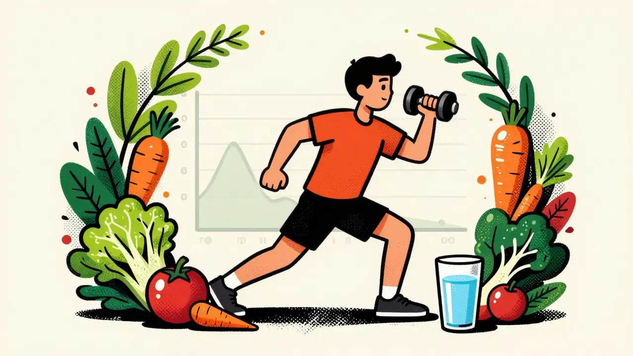 Screenprint illustration of a person lifting weights surrounded by healthy food and water.