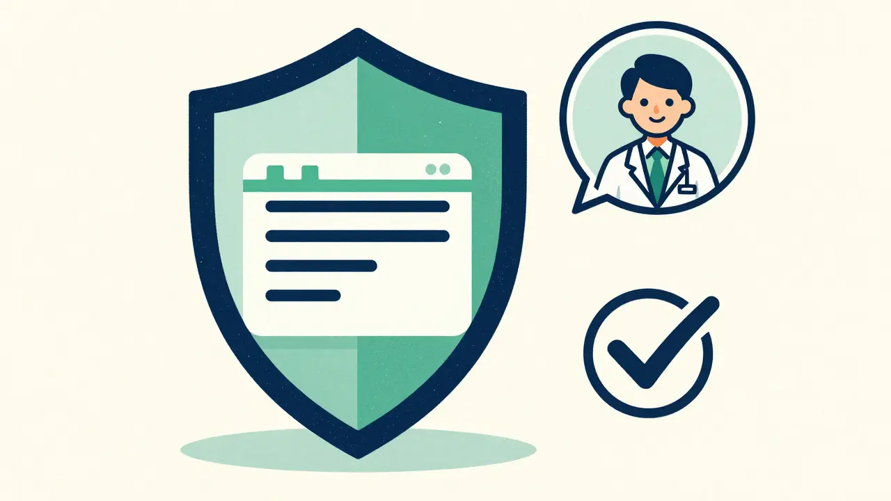 Secure online pharmacy process featuring a protective shield and a doctor on a video call.