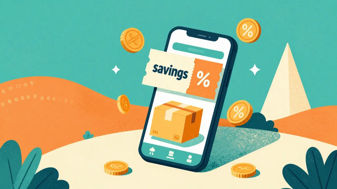 Smartphone with a discount coupon and a medication package being delivered to a home.