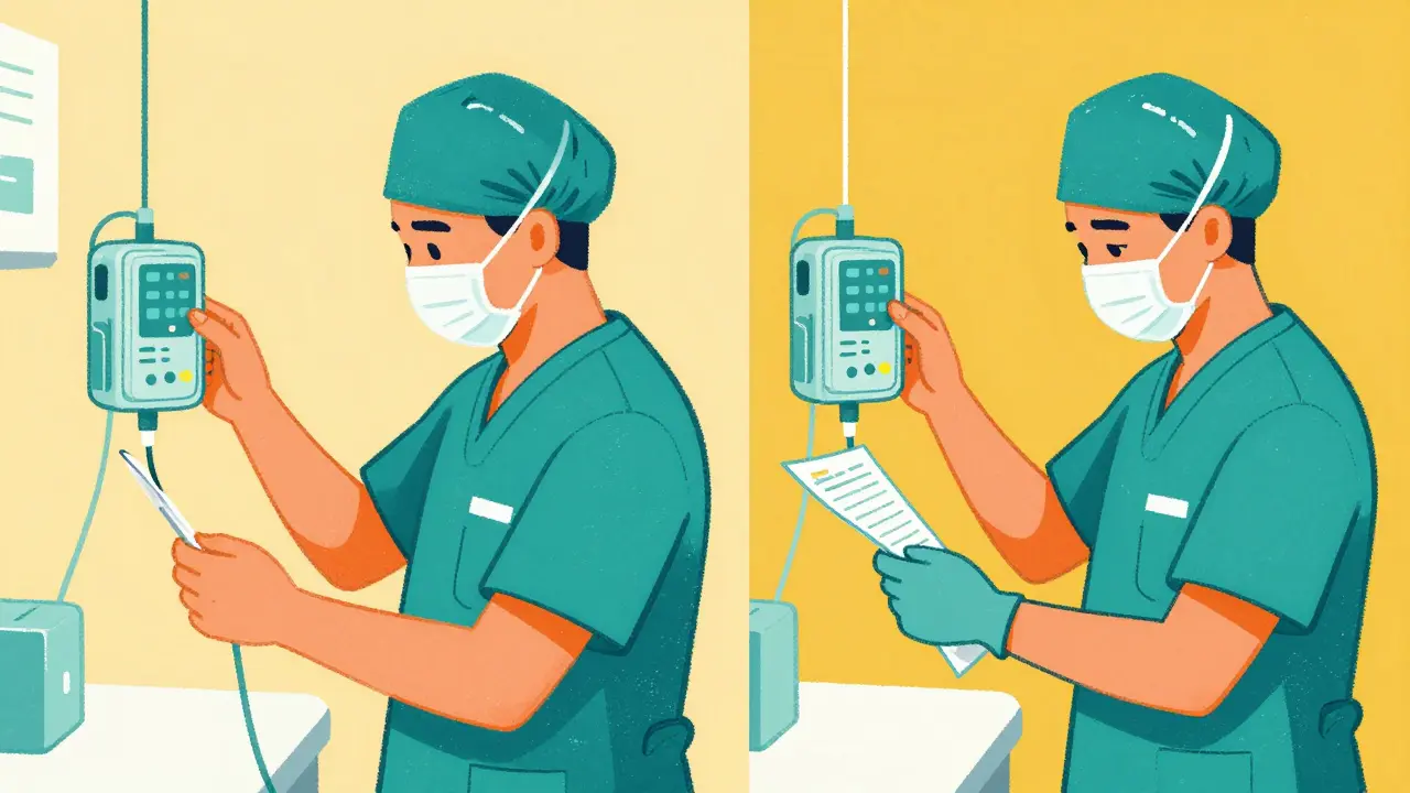 Two clinicians independently verifying medication in a split-screen screenprint style illustration.