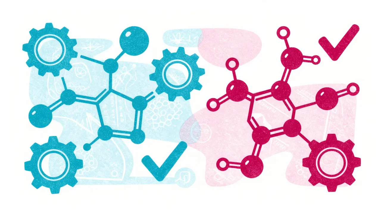 Two identical chemical molecules in different colors representing therapeutic equivalence.